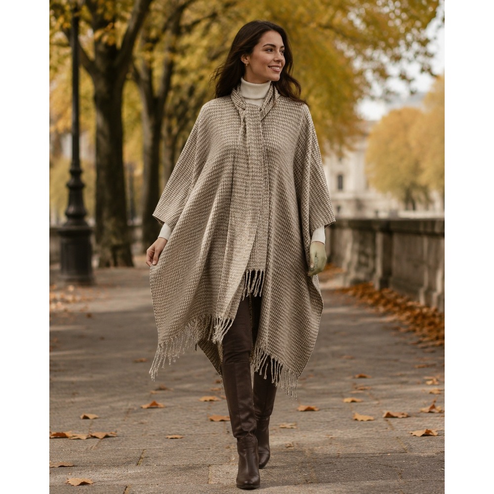 Vintage Wool Houndstooth Poncho Cape Shawl Wrap Fringe‎ Cream & Tan OS